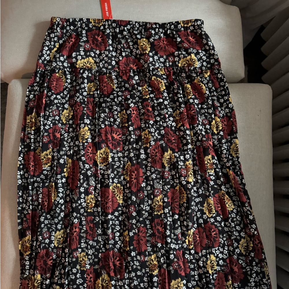 Joe Fresh Floral Pleated Midi Skirt - Black, Burgundy, Mustard